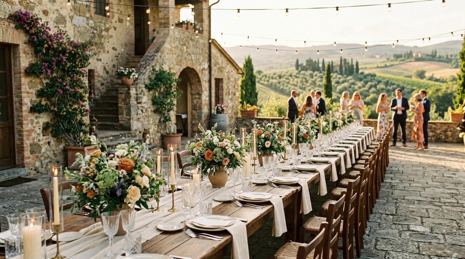 Lange Hochzeitstafel auf der Terrasse einer alten Villa mit Blick über Hügel und Olivenbäume in der Abendsonne