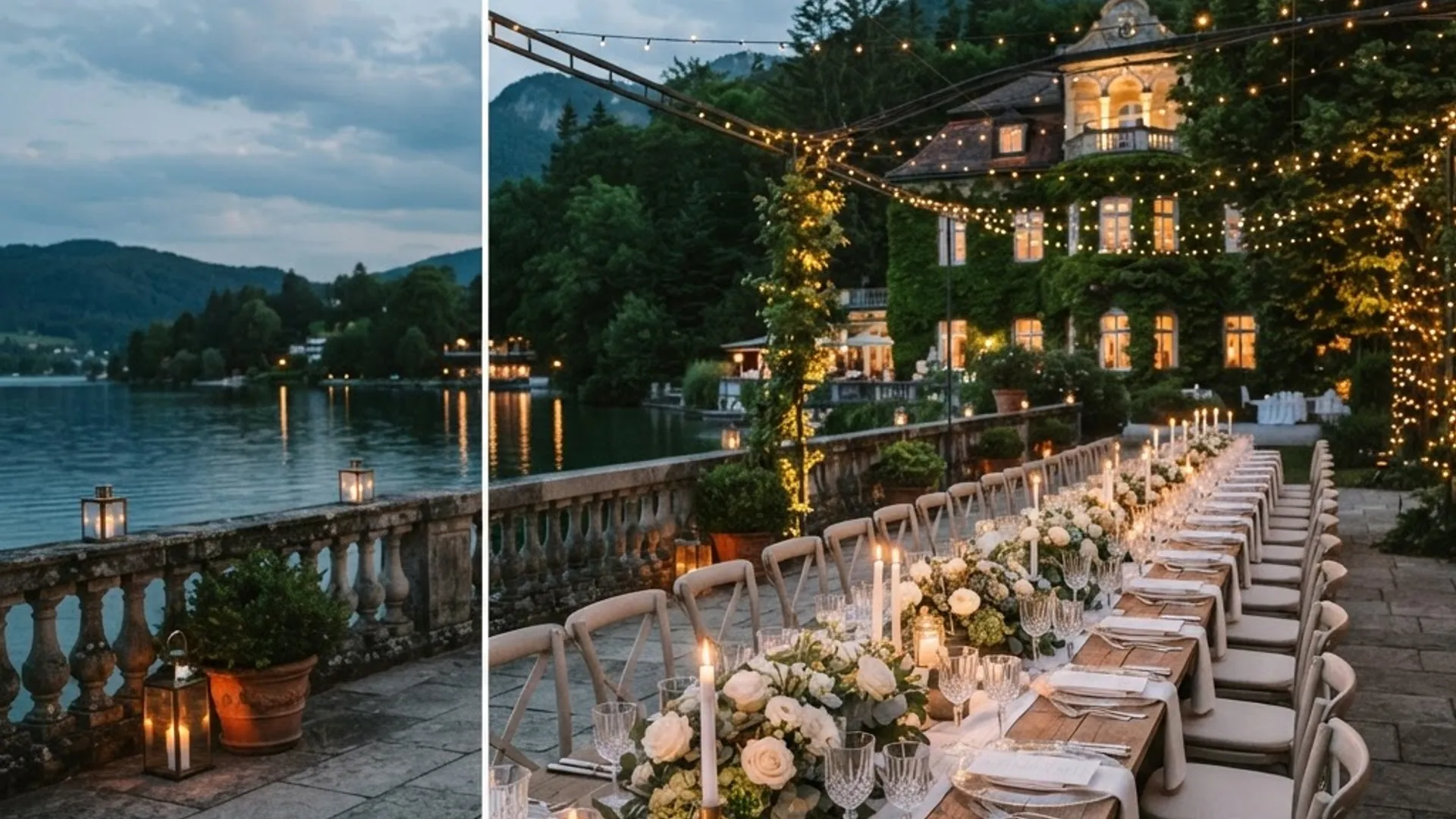 Festlich gedeckte Hochzeitstafel auf einer Terrasse am See in der Abenddämmerung