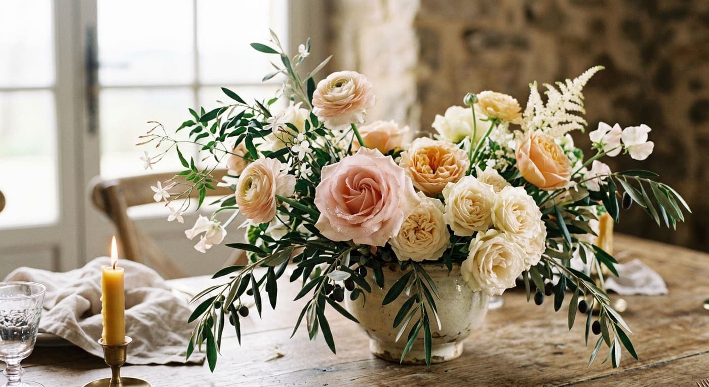 Brautstrauß mit Gartenrosen und Olivenzweigen von Atelier Blütenwerk