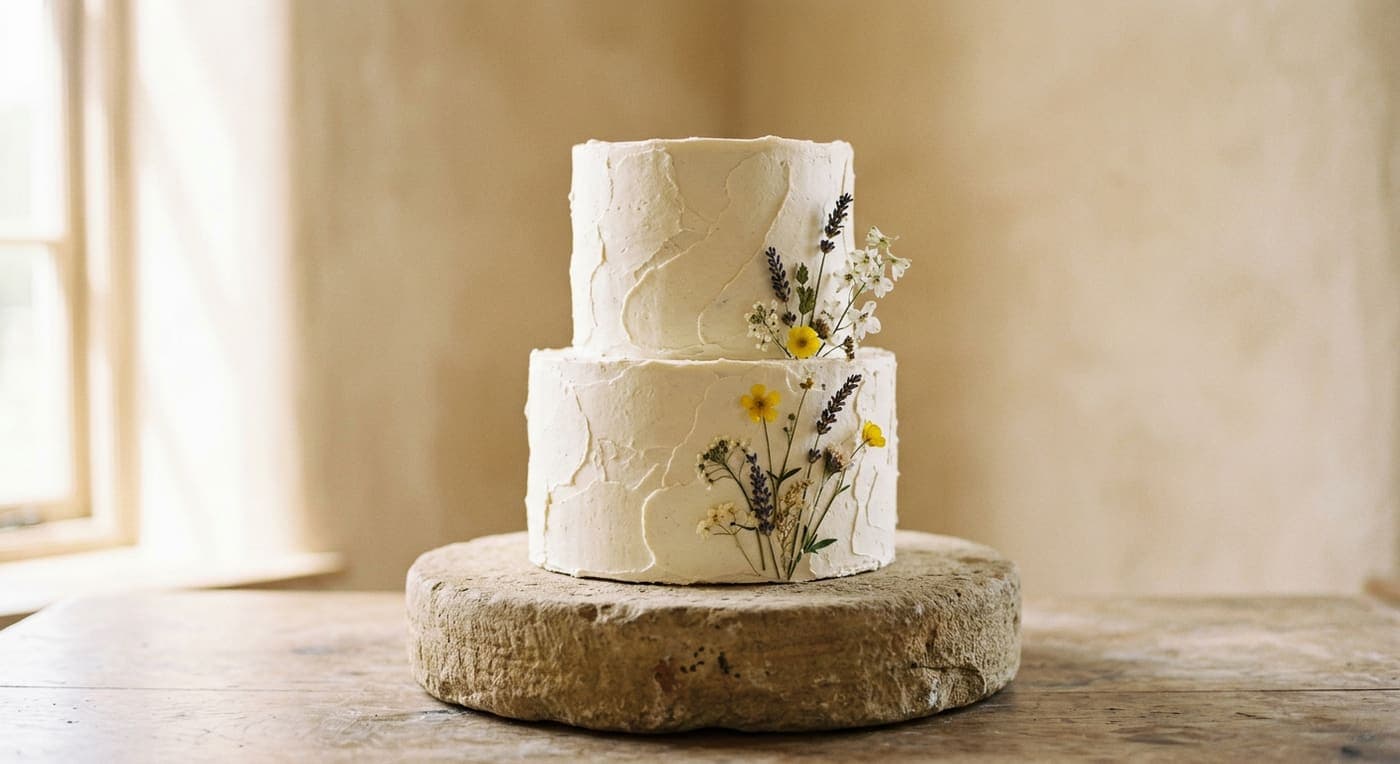 Schlichte zweistöckige Hochzeitstorte mit gepressten Blüten